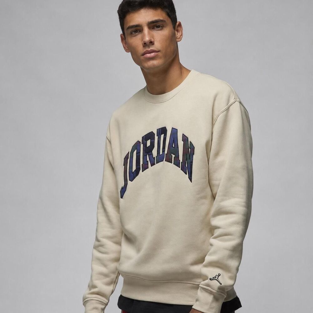 Jordan Men's large essential holiday Cream Tan Sweatshirt crewneck plaid